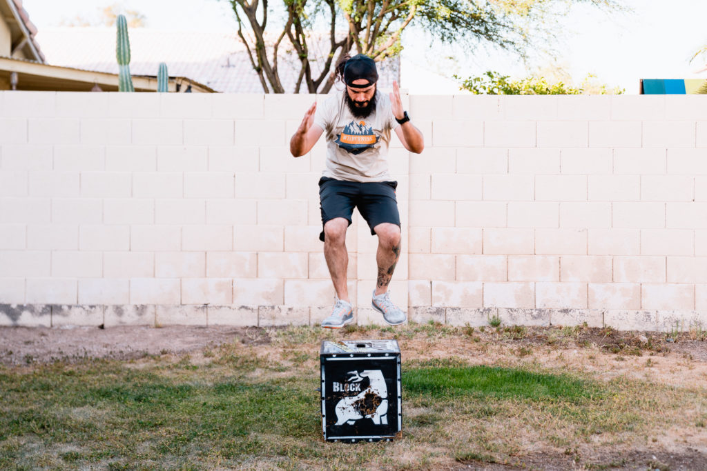 Josh Kirchner from Dialed in Hunter doing box jumps for the wilderness athlete 28 day reboot 