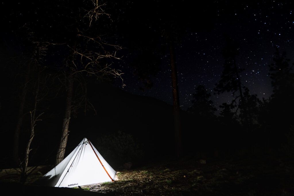 The Argali Owyhee 1P shelter set up on a backpack hunt under the stars