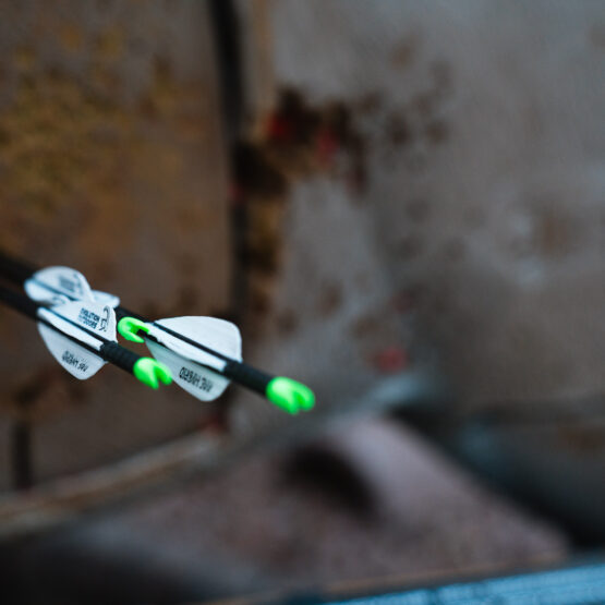 an arrow group in an archery target that Josh Kirchner from Dialed in Hunter shot.