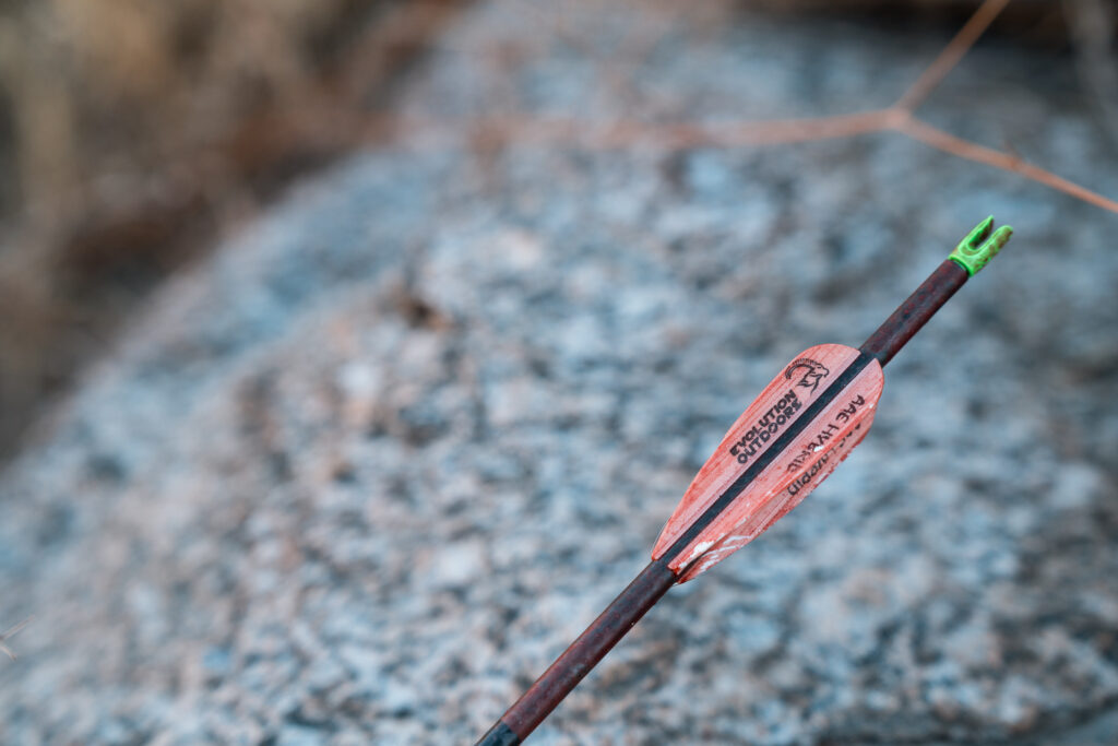 Bloody arrow from a successful archery coues deer hunt in Arizona