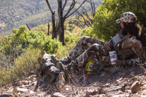 Josh of Dialed in Hunter enjoying some Heather's Choice Dark Chocolate Chili on a Bear Hunt in Arizona