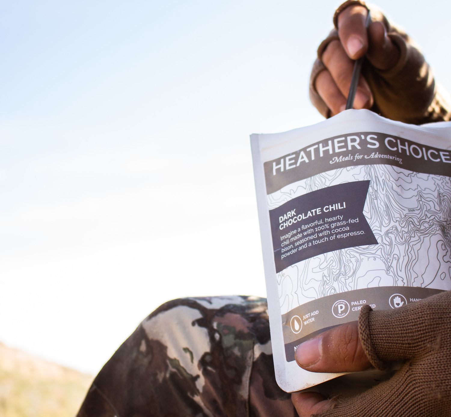 Heather's Choice Dark Chocolate Chili on a backcountry bear hunt in Arizona