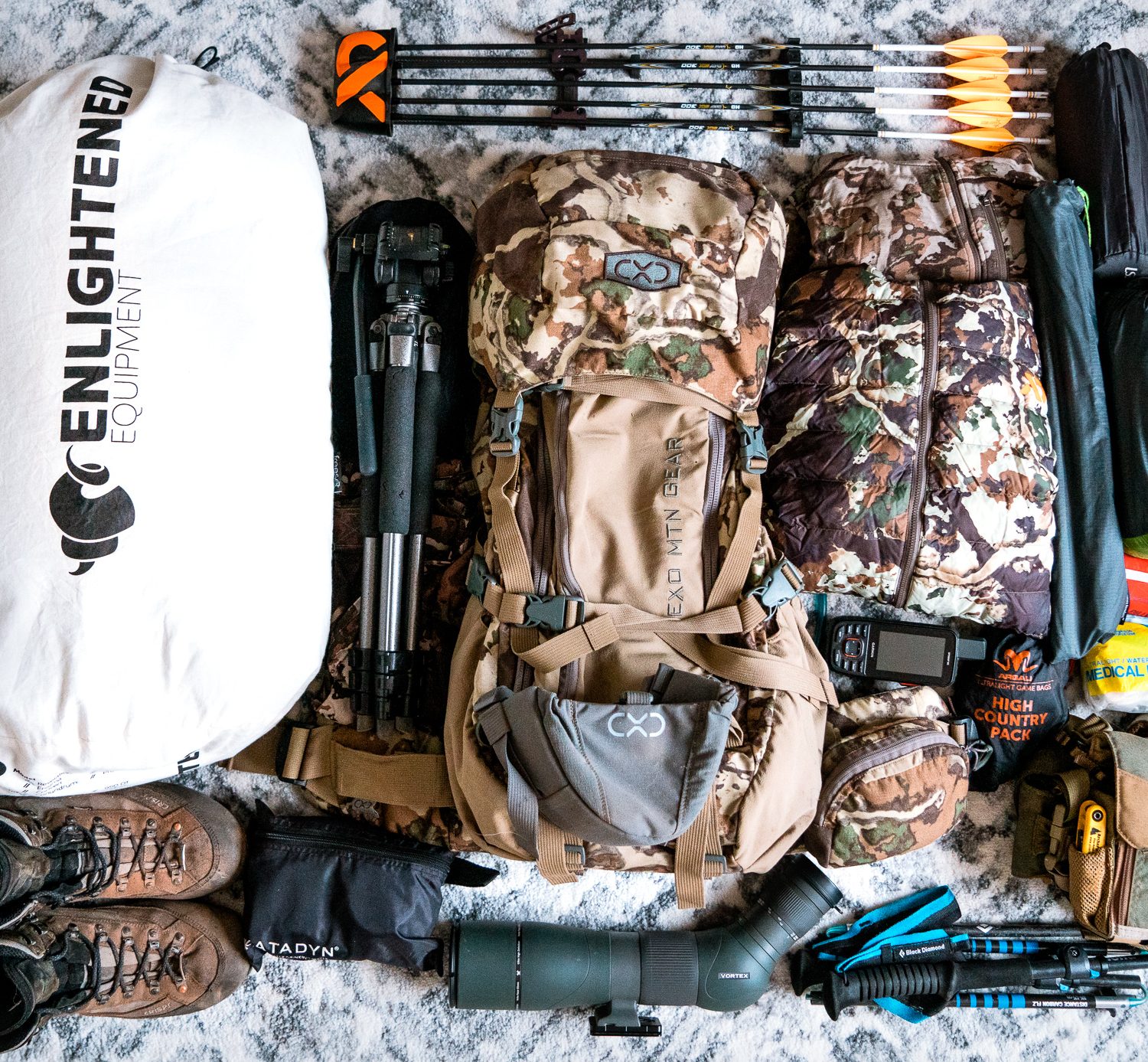 Josh Kirchner's backcountry gear list laid out for an upcoming mule deer hunt in Colorado
