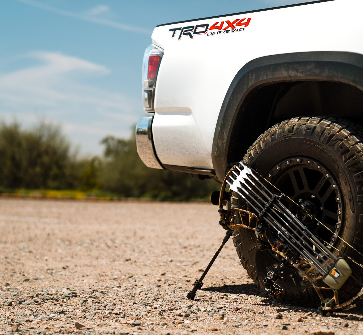 Josh Kirchner's Bow sitting up against the tire of his truck