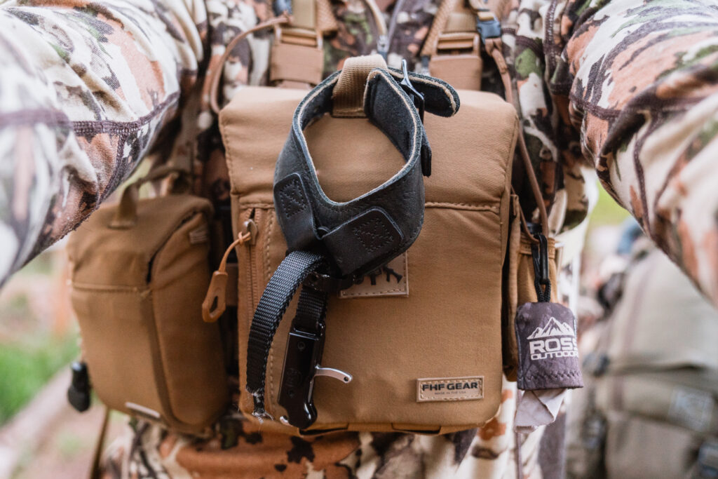 Carter Like Mike II index release hanging from a bino harness on a hunt in Arizona