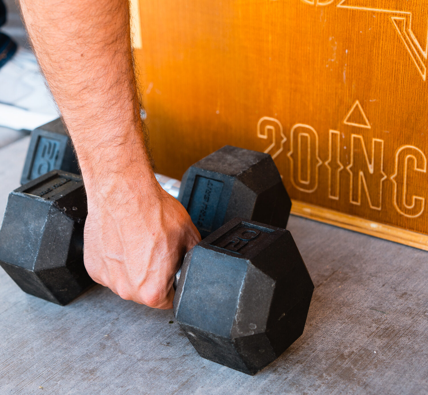 picking up dumbbells for a workout in preparation for a backcountry spring bear hunt in Idaho