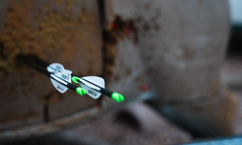 an arrow group in an archery target that Josh Kirchner from Dialed in Hunter shot.