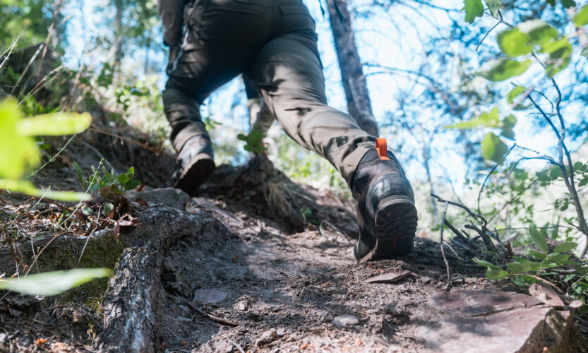 Josh Kirchner hiking up a steep mountain while scouting for black bears in Arizona